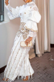White Elegant Lace Patchwork Mandarin Collar Long Sleeve Two Pieces