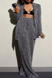 Black Casual Stripe Patchwork Cardigan Collar Long Sleeve Two Pieces