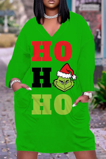 Fruit Green Casual Cartoon Print Pocket Basic V Neck Long Sleeve Plus Size Dresses