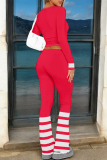 Red-brown Casual Street Letter Print Stripe O Neck Long Sleeve Two Pieces