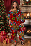 Deep Red Casual Print Basic Off Shoulder Regular Jumpsuits