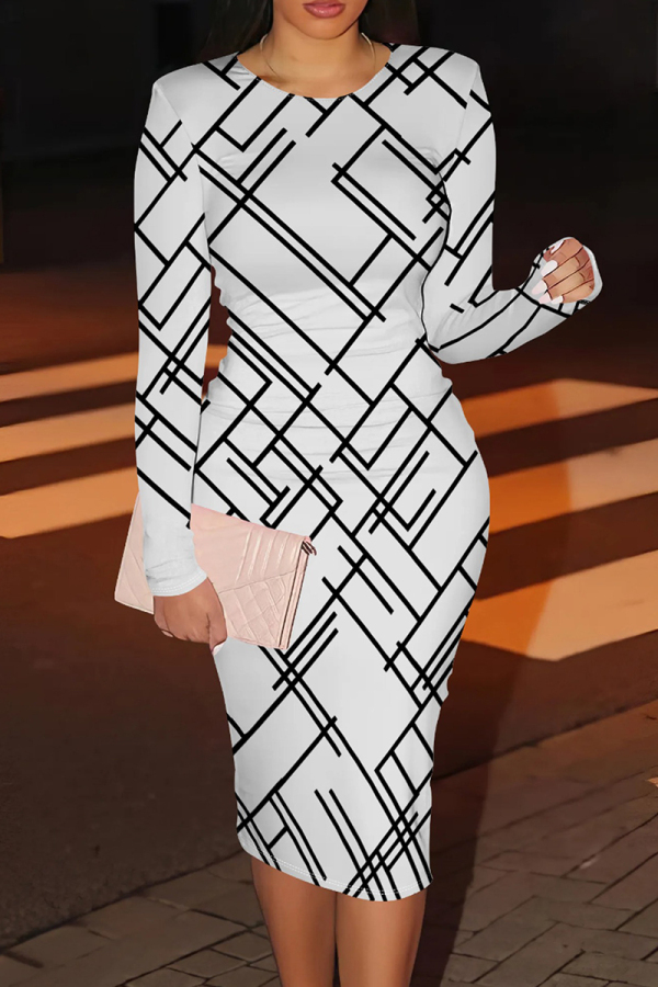 White Casual Print Patchwork O Neck Wrapped Skirt Dresses