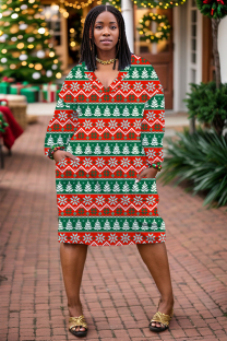 Red Green Casual Print Pocket V Neck Long Sleeve Dresses