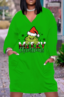 Green Black Casual Cartoon Print Pocket Basic V Neck Long Sleeve Plus Size Dresses