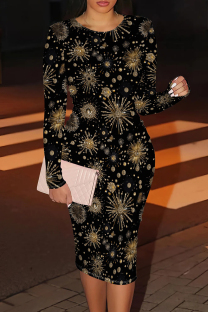 Black Gold Casual Print Patchwork O Neck Wrapped Skirt Dresses