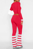 Red-brown Casual Street Letter Print Stripe O Neck Long Sleeve Two Pieces