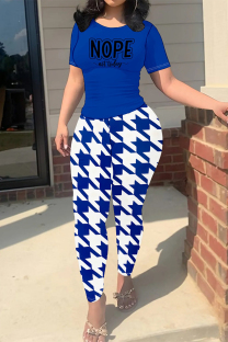 Blue Casual Street Plaid Letter Print Contrast O Neck Short Sleeve Two Pieces