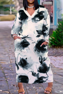 White Grey Casual Floral Print Pocket V Neck Long Plus Size Dresses