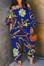 Royal Blue Casual Print Backless Off Shoulder Regular Jumpsuits