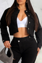 Black Casual Solid Color Pocket Buckle Patchwork Turndown Collar Long Sleeve Regular Denim Jacket