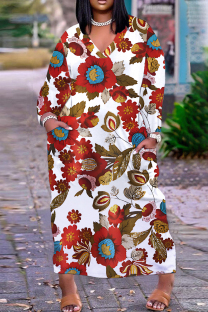 Red-brown Casual Floral Print Basic V Neck Long Plus Size Dresses