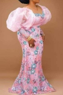 Pink Elegant Embroidery Patchwork Asymmetrical Collar Evening Plus Size Dresses