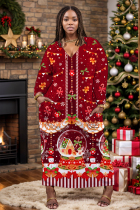 Red Casual Santa Claus Cartoon Print Pocket V Neck Long Plus Size Dresses