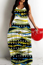 White Yellow Sexy Casual Print Backless Spaghetti Strap Long Dresses