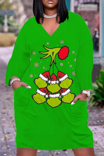Apple Green Casual Cartoon Print Pocket Basic V Neck Long Sleeve Plus Size Dresses