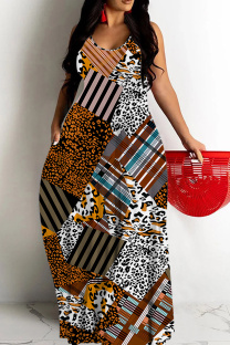Brown Sexy Casual Print Backless Spaghetti Strap Long Dresses