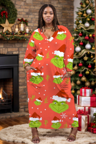 Pale Red Casual Cartoon Print Pocket V Neck Long Plus Size Dresses