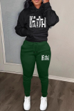 Black Green Casual Print Draw String Pocket Patchwork Hooded Long Sleeve Two Pieces