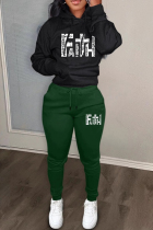 Black Green Casual Print Draw String Pocket Patchwork Hooded Long Sleeve Two Pieces
