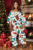 White Casual Print Basic Off Shoulder Regular Jumpsuits