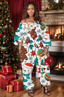 White Casual Print Basic Off Shoulder Regular Jumpsuits