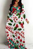 Red Casual Print Basic V Neck Long Dresses