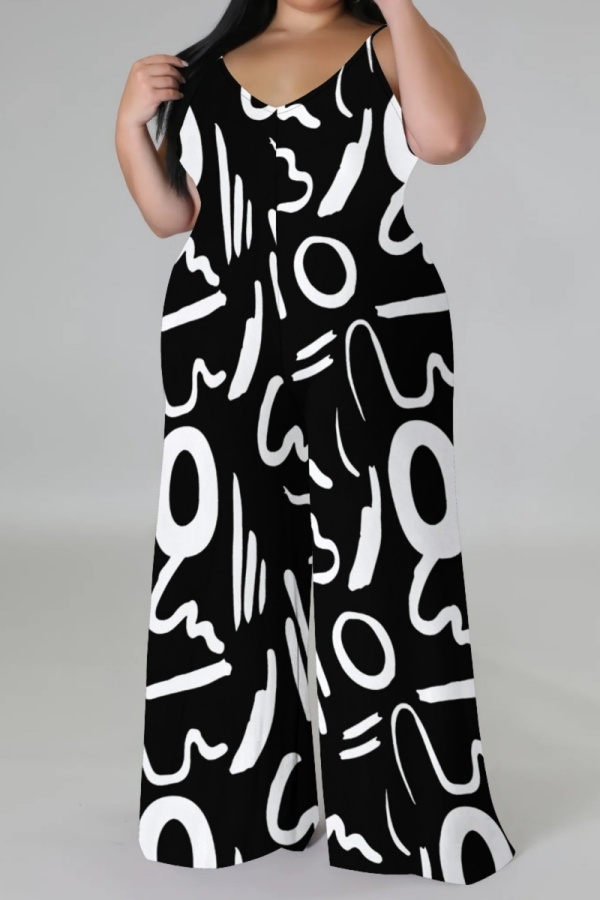 Black Casual Print Backless Spaghetti Strap Plus Size Jumpsuits (With Headscarf)