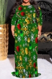 Leopard Print Casual Print Basic Belted O Neck Long Plus Size Dresses
