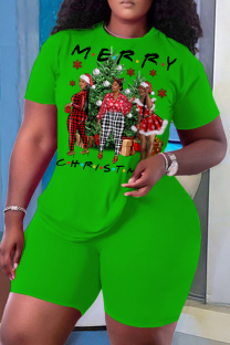 Green Red Casual Print Basic O Neck Short Sleeve Two Pieces