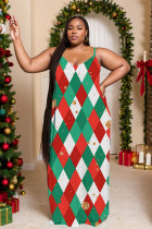 Green White Sexy Casual Print Backless Spaghetti Strap Long Dresses