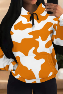 Orange Casual Camouflage Print Draw String Pocket Patchwork Hooded Tops