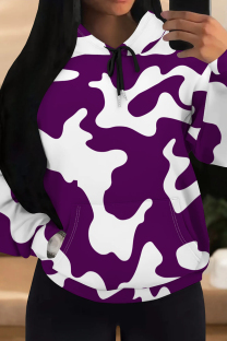 Dark Purple Casual Camouflage Print Draw String Pocket Patchwork Hooded Tops