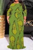 Green Casual Cartoon Print Belted O Neck Long Plus Size Dresses