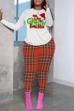 White Pink Casual Plaid Letter Print Basic O Neck Long Sleeve Two Pieces
