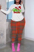 Red Green Casual Plaid Letter Print Basic O Neck Long Sleeve Two Pieces