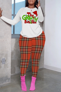 Red Green Casual Plaid Letter Print Basic O Neck Long Sleeve Two Pieces