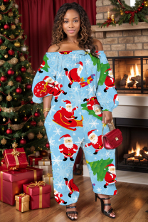 Sky Blue Casual Print Basic Off Shoulder Regular Jumpsuits