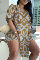 Grey Brown Casual Print Slit V Neck Short Sleeve Two Pieces