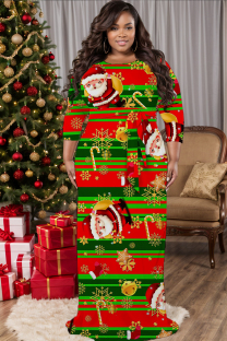 Red Green Casual Print Basic Belted O Neck Long Plus Size Dresses