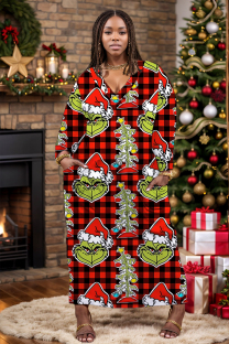 Red Casual Cartoon Print Pocket V Neck Long Plus Size Dresses