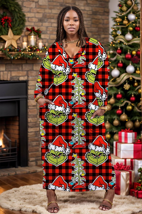 Red Casual Cartoon Print Pocket V Neck Long Plus Size Dresses