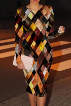 Black Yellow Casual Print Patchwork O Neck Wrapped Skirt Dresses