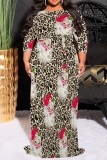 Leopard Print Casual Print Basic Belted O Neck Long Plus Size Dresses