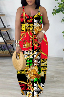Red Sexy Casual Print Backless Spaghetti Strap Long Dresses