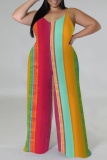 Stripe Casual Print Backless Spaghetti Strap Plus Size Jumpsuits (With Headscarf)