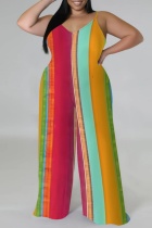 Stripe Casual Print Backless Spaghetti Strap Plus Size Jumpsuits (With Headscarf)