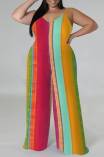 Stripe Casual Print Backless Spaghetti Strap Plus Size Jumpsuits (With Headscarf)