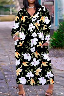 Black Yellow Casual Floral Print Basic V Neck Long Plus Size Dresses