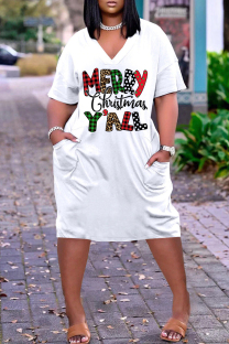 White Black Casual Letter Print Pocket V Neck Short Sleeve Plus Size Dresses