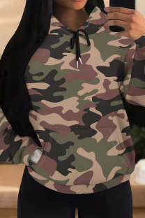Light Purple Casual Camouflage Print Draw String Pocket Patchwork Hooded Tops